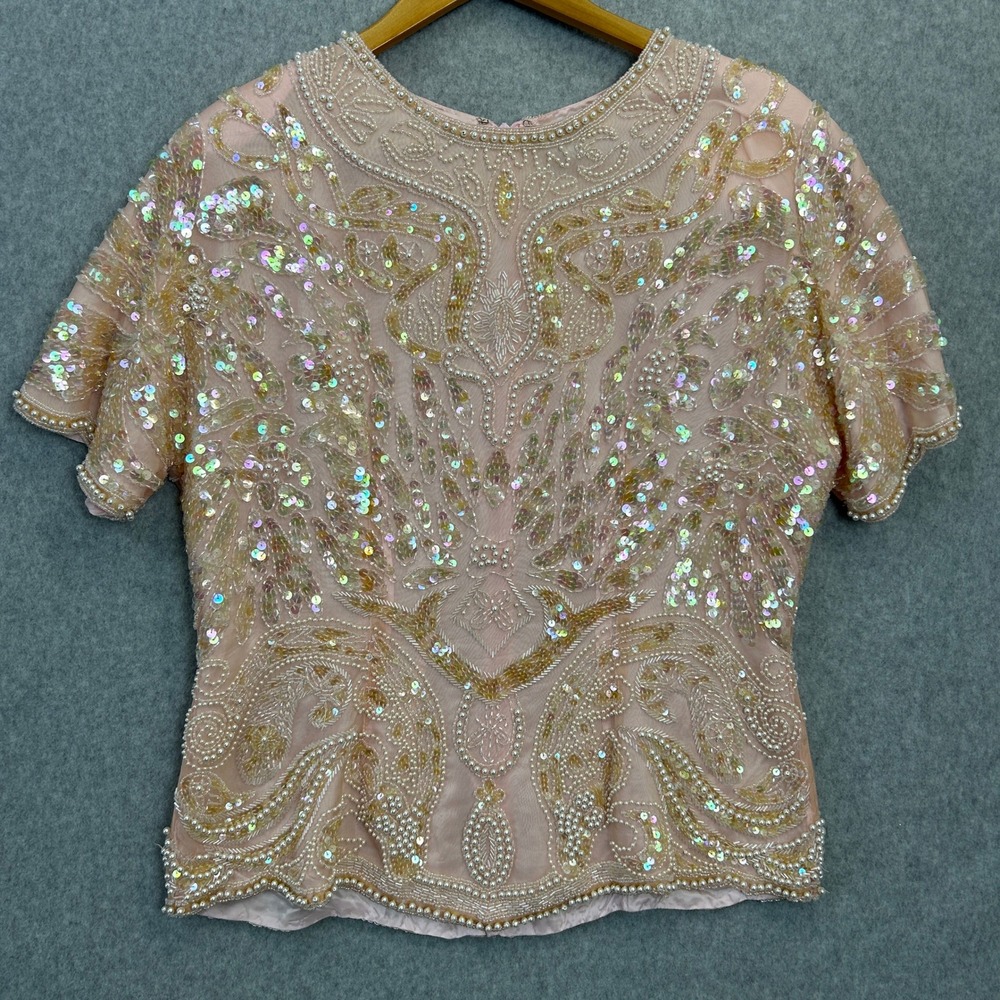 George F. Couture Silk Blouse Pink Beaded Sequin Evening Top Glam Vntg  Size 12